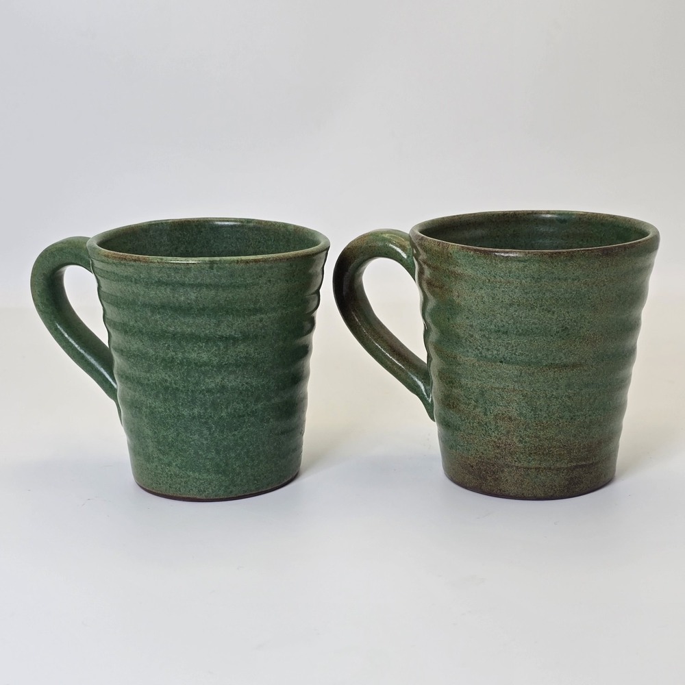 Rackliffe Pottery Blue Hill Maine Green Studio Pottery Mug Pair Signed - Picture 6 of 13